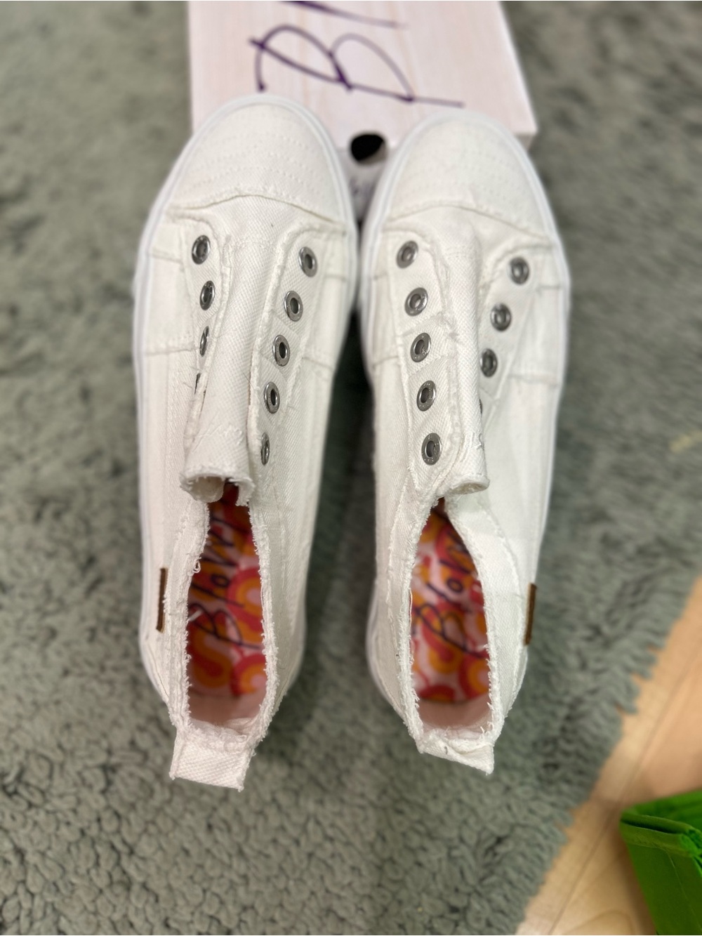 Blowfish Malibu White Slip-On with Pink and Orange Patterned Insole